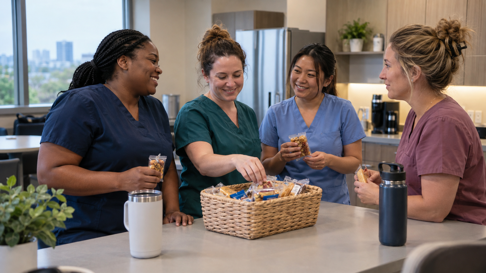 Several labor and delivery nurses in solid-color scrubs share a basket of individually wrapped snacks in a hospital staff room.