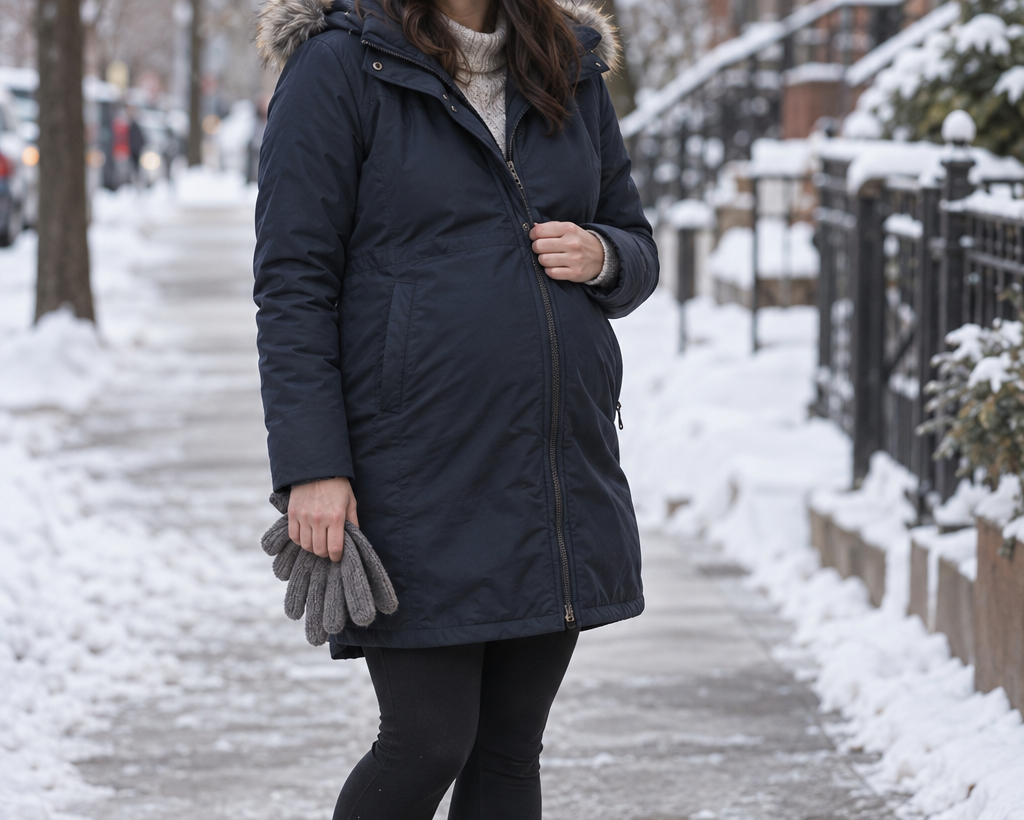 Pregnant adult wearing a fully zipped navy maternity parka on a snowy city sidewalk.
