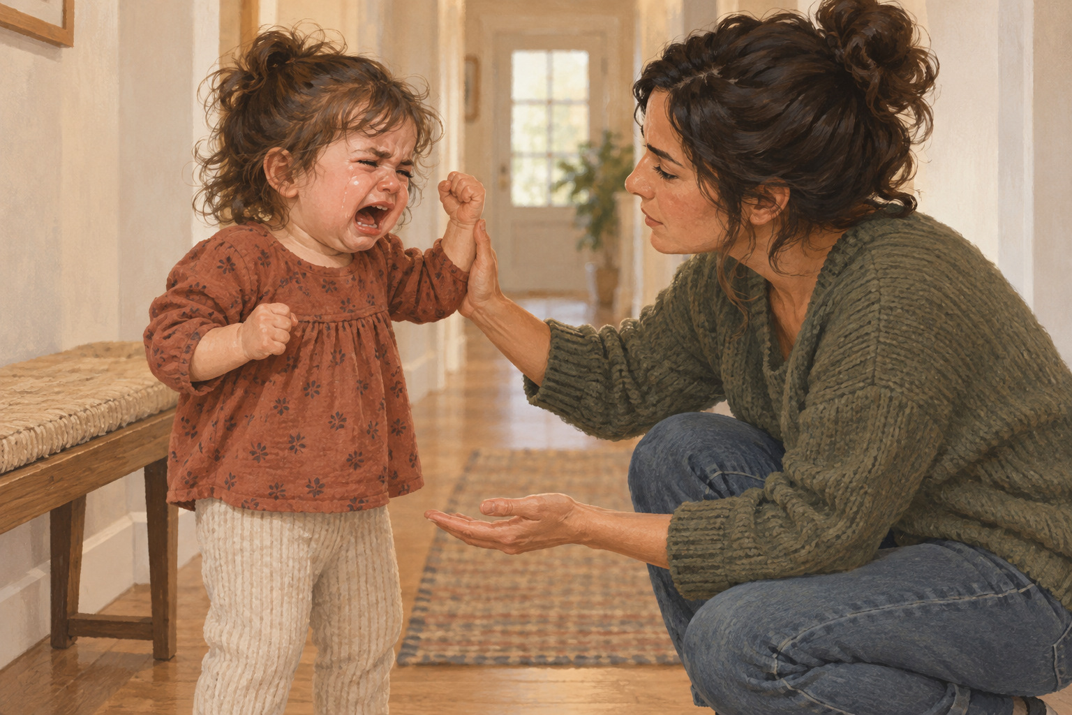 A crouching caregiver uses an open hand to block a crying toddler from hitting while remaining calm at the child's eye level.
