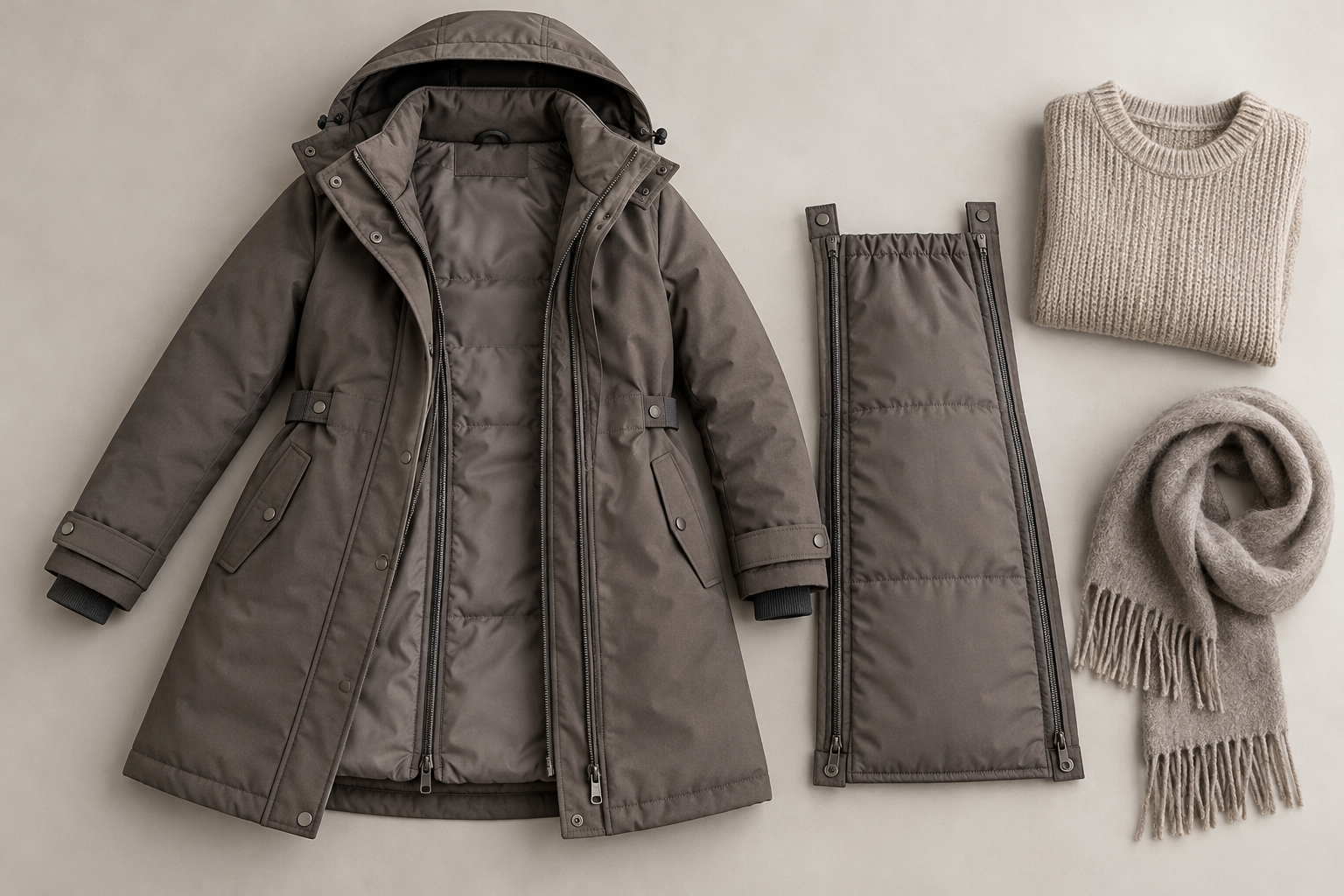 Open winter coat beside a detachable expansion panel, with zippers, adjustment tabs, sweater, and scarf visible.