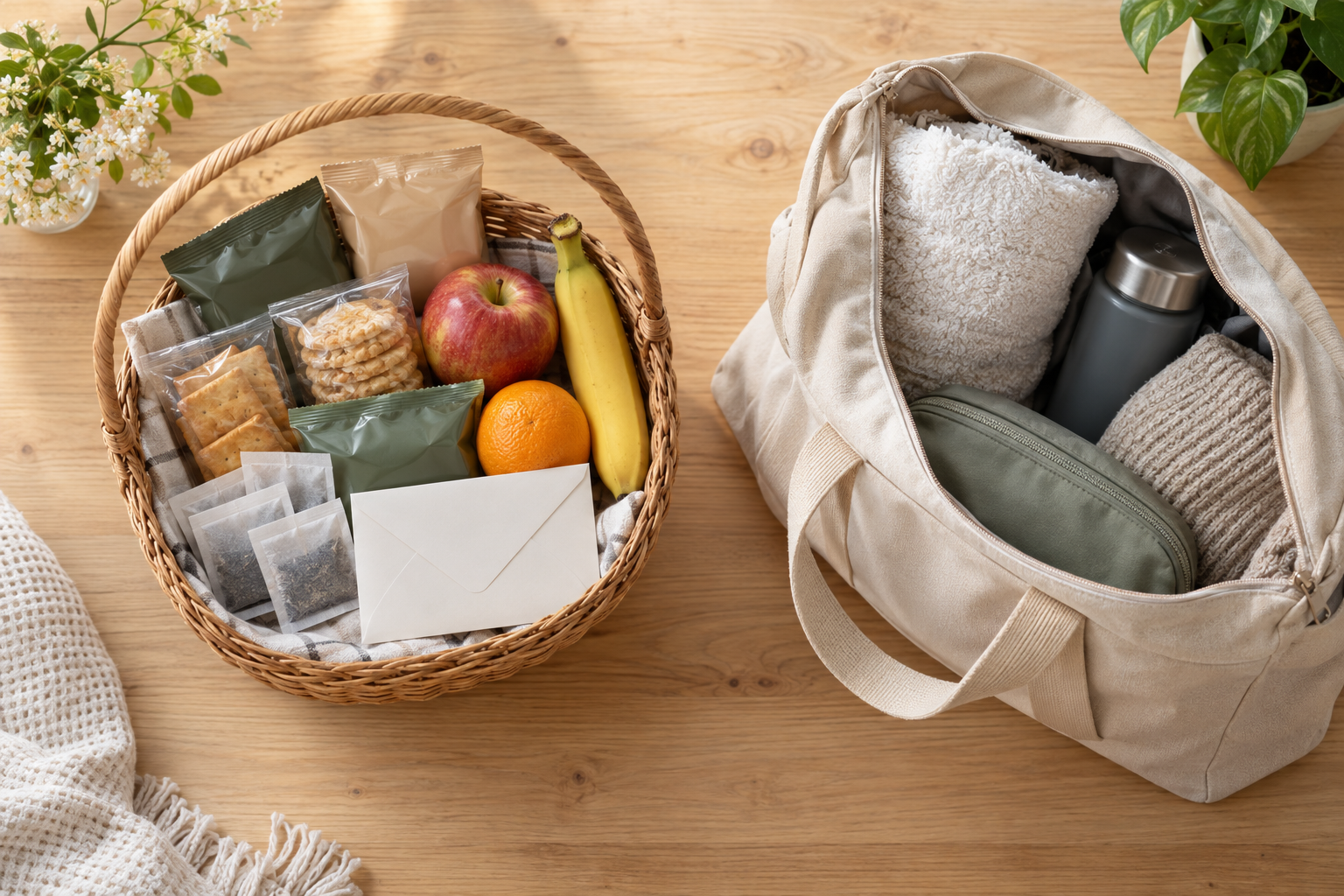 A compact basket holds sealed snacks, fruit, tea bags, and an unmarked envelope beside a hospital tote.