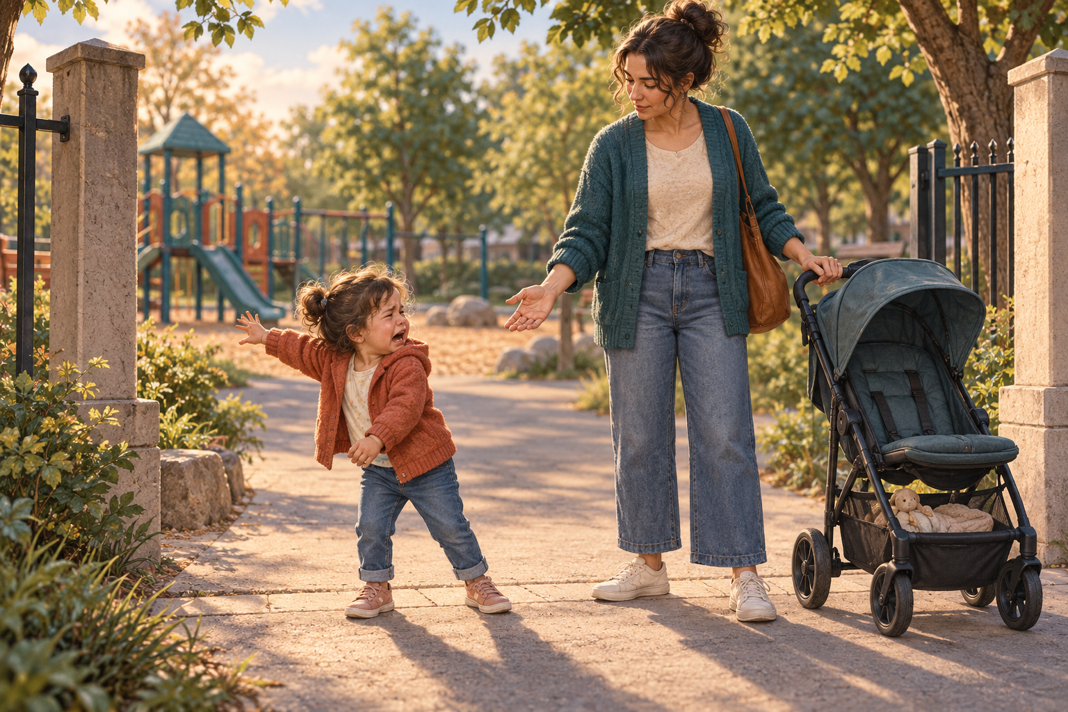A crying toddler reaches toward a playground while a calm caregiver waits beside a stroller and offers a hand to leave.