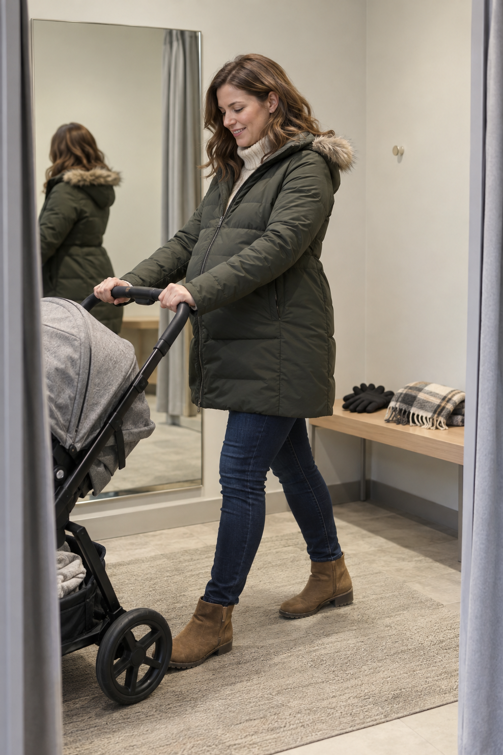 Pregnant adult reaches forward while fit-testing a zipped maternity coat over a thick sweater.