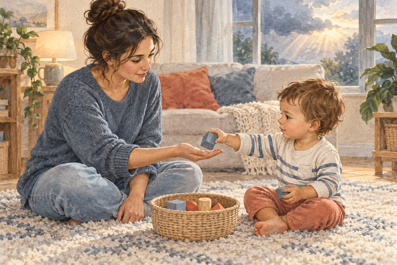 A calm caregiver and toddler sit on a rug and practice handing over toys and taking turns.
