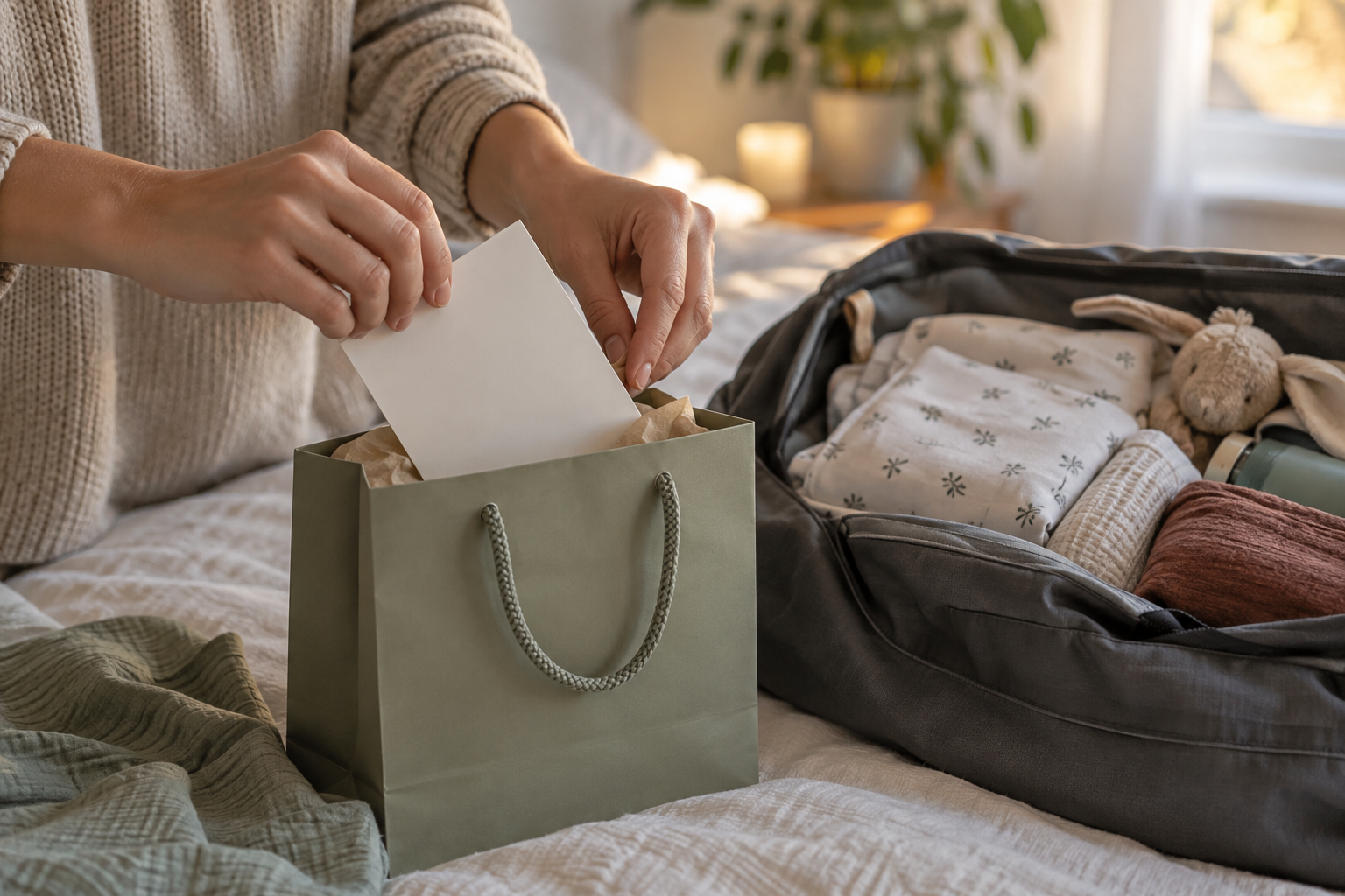 An expectant parent places a blank card into a simple gift bag next to a packed hospital bag.